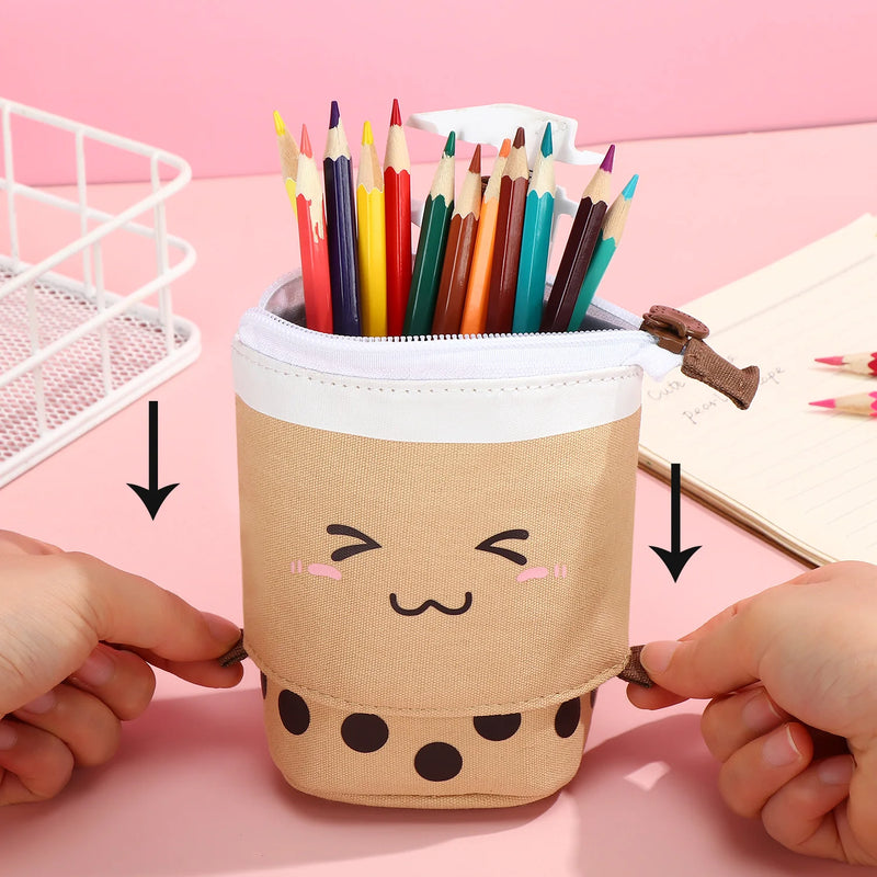 Cute Retractable Pencil Case Multi-function Pen Bag Kawaii Boba Milktea Smile Face Stationery Case Canvas Pen Holder Organizer