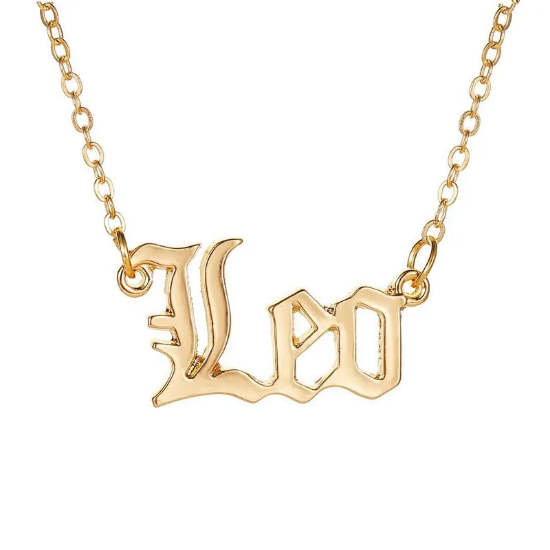 Simple 12 Zodiac Constellations Pendant with Figaro Chain Gold Color Letter Leo Necklace Women Birthday Girlfriend Jewelry Gift