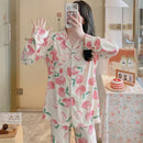 Pajamas Women's Silk Long-sleeved Pajamas Sleepwear Suit Flower Printed High-grade Ice Silk Outside Home Wear Pijamas De Mujer
