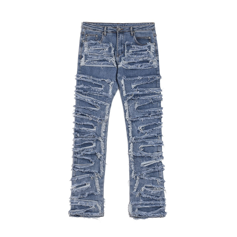 Retro Hole Ripped Distressed Jeans for Men Straight Washed Harajuku Hip Hop Loose Denim Trousers Vibe Style Casual Jean Pants