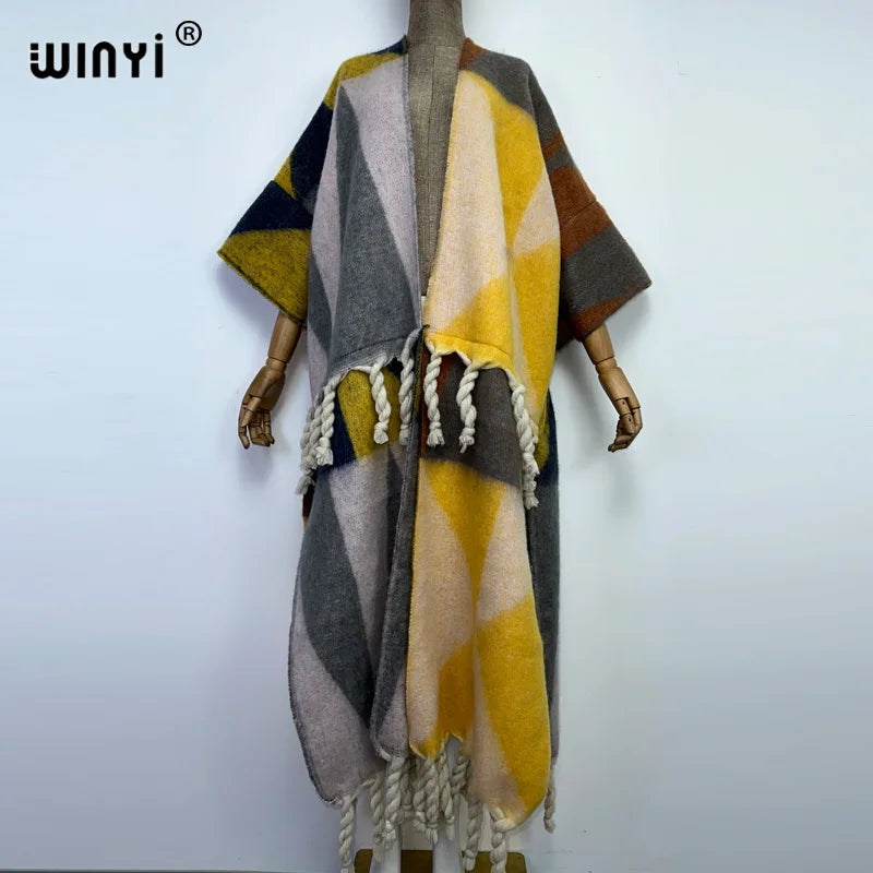 2022 WINYI Winter Women tassel Cardigan coat Loose Christmas dress robe longue Thick Warm free size Middle East Female Kaftan