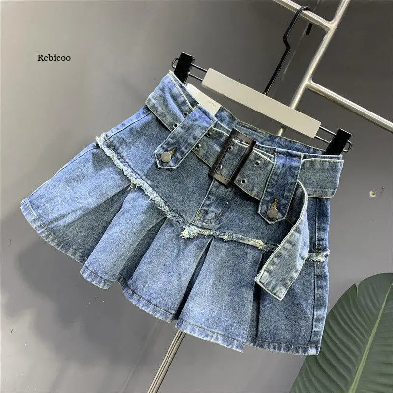 Fashion Patchwork Pleated Denim Skirt for Women's High-Waist Casual Loose A-Line Skirts Female 2023 Spring New