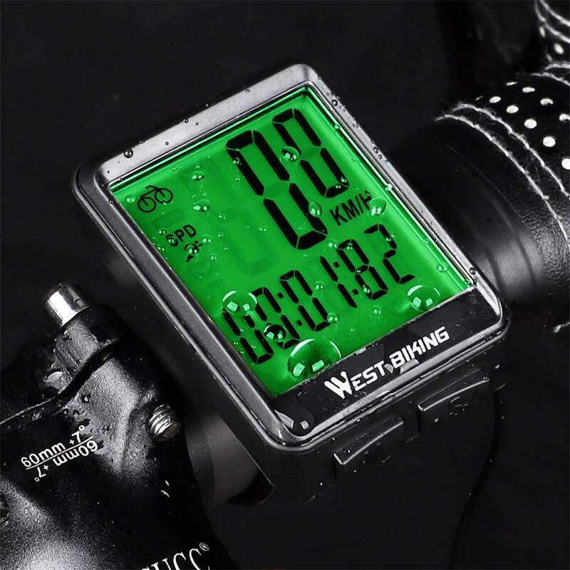 WEST BIKING Waterproof Wireless Bicycle Computer Wired LED Speedometer MTB Bike Cycling Odometer Stopwatch White Green Backlight