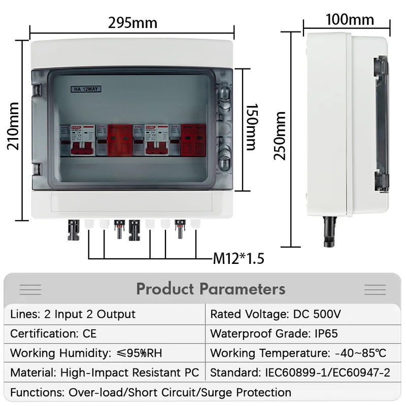 DC 500V 2 Input 2 Output Solar Photovoltaic PV Combiner Box With Surge Lightning Protection DC Fuse MCB SPD Waterproof Box IP65