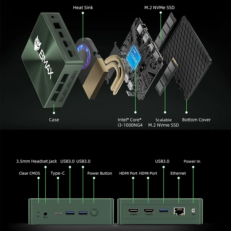 Bmax B6 Plus Mini Pc Intel I3-1000Ng4 Windows 11 Pc 12Gb Ddr4 Ram 512Gb Nvme Ssd Wifi 5 USB 3.0 USB * 3 HDMI * 2 Bluetooth4.2