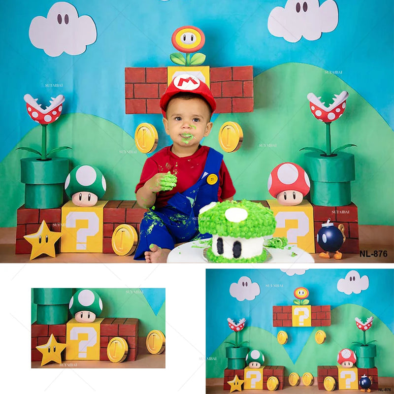 Boys Birthday Video Game Backdrop Mushroom Gold Coin Bricks Super Brother Adventure Baby Shower Party Photography Background