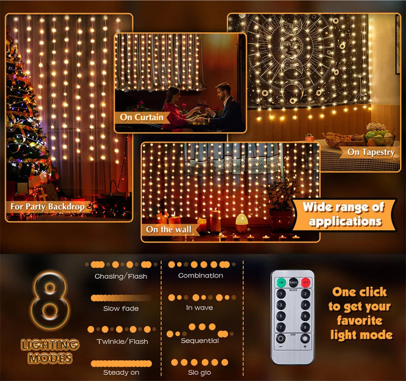 USB LED Curtain String Light Christmas Window Decor Wire Fairy Light 8 Modes Remote Control For Wedding Holiday Party Lighting