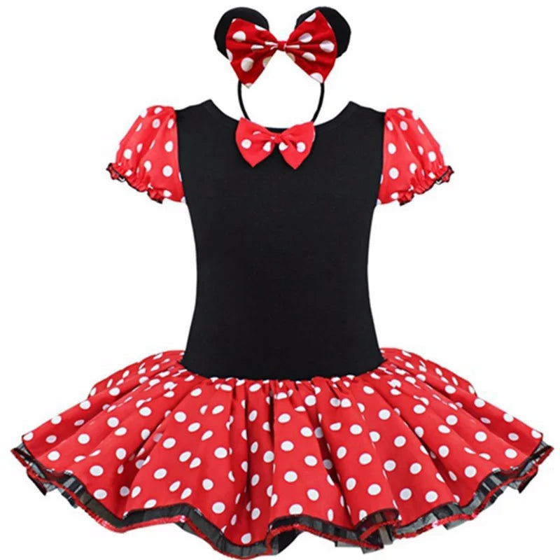 Disney New Girl Minnie Dot Bubble Sleeve Tutu Dress Halloween Christmas Sweet and Cute Ballet Dress with Hair Hoops