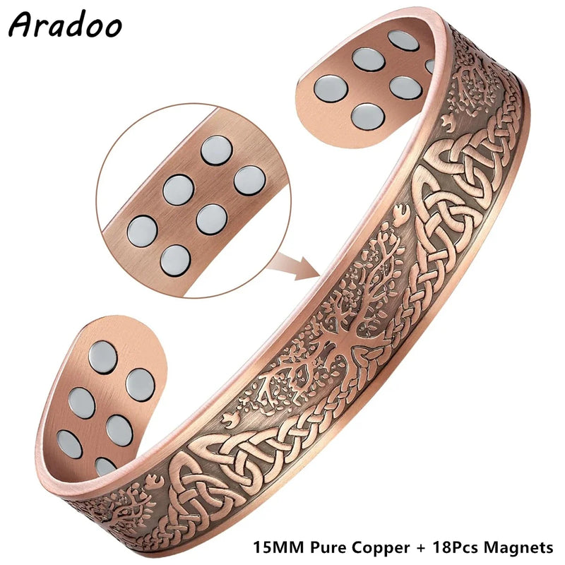 ARADOO Tree of Life Pure Copper Magnetic Bracelets with 18Pcs 3500 Gauss Strong Neodymium Magnets Cuff Bangle Jewelry Gift