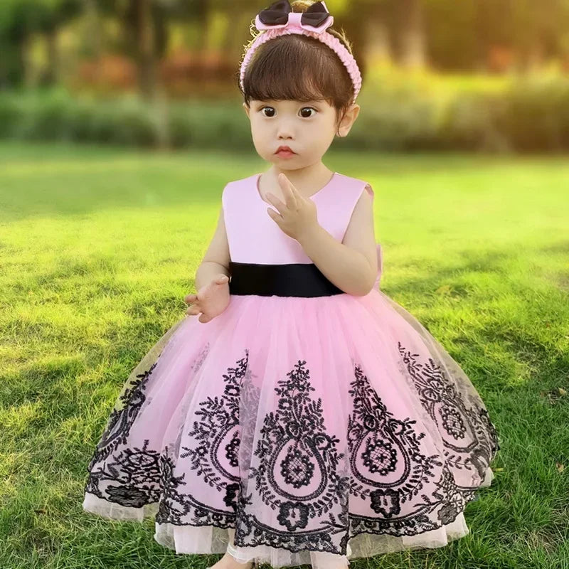 New Summer Baby Girls Party Dress Lace Sleeveless Floral Girl Bow Cake Dresses for Weddings Kids Children Clothes E7839