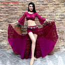 Winter Girls Women Belly Dance Flared Sleeves Top Splicing Skirt Competition Dance wear Lady Oriental Indian Dance Lace Clothes