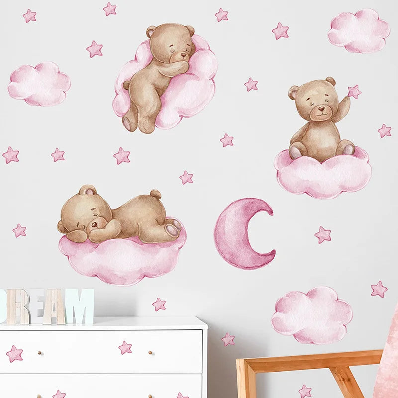 Cartoon Teddy Bear Moon Wall Stickers for Kids Room Baby Nursery Decor Sticker Wallpaper Boy Girls Bedroom Baby Room Wall Decals