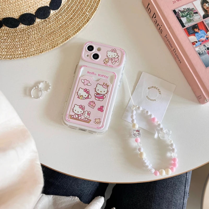 Cute Cartoon Sanrio Hello Kitty Card Holder Pocket Phone Case For iPhone 15 14 13 12 11 Pro Max Lens protection Soft TPU Cover