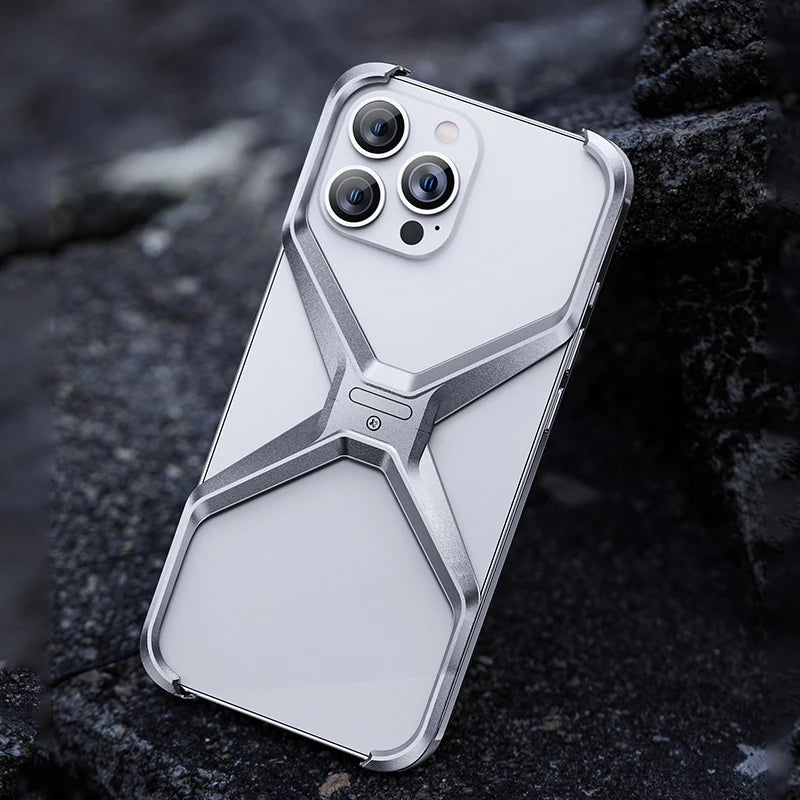 Aluminum Rimless X Type Phone Cases For iPhone 14 15 13 Pro Max Metal Heat Dissipation Removable Armor Shockproof Cover Funda