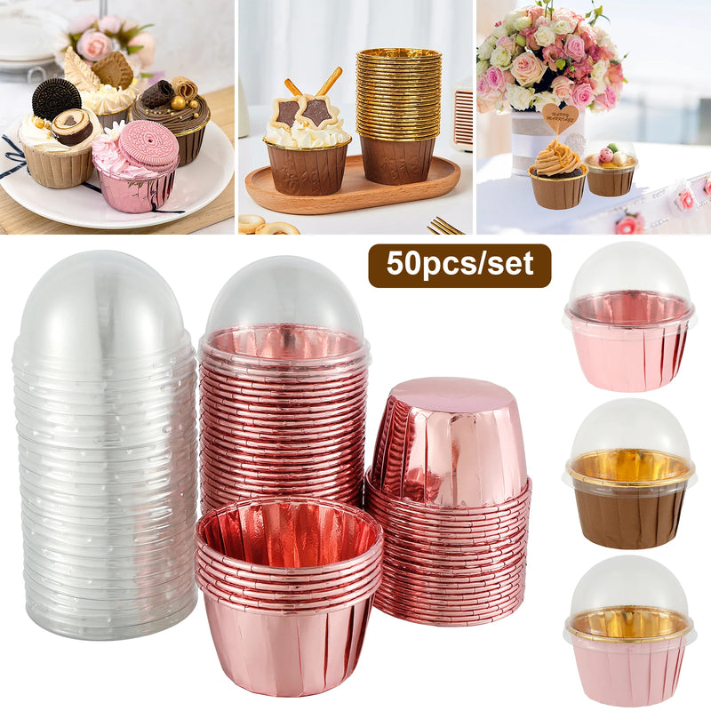 Aluminum Foil Cupcake Liners with LIDS Heat Resistant Cake Cups Round Aluminum Foil Baking Cups Kitchen Wedding Party Supplies