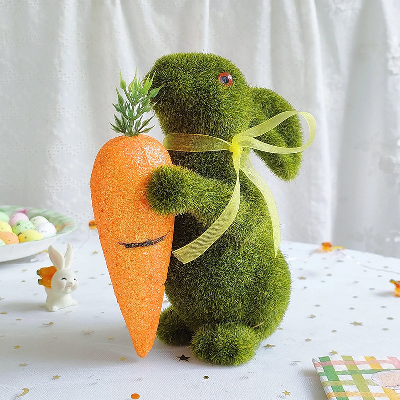 Easter Bunny Green Straw Doll Decor Moss Rabbit Egg Carrot Table Ornament Easter Spring Garden Simulated Rabbit Statue Home Deco
