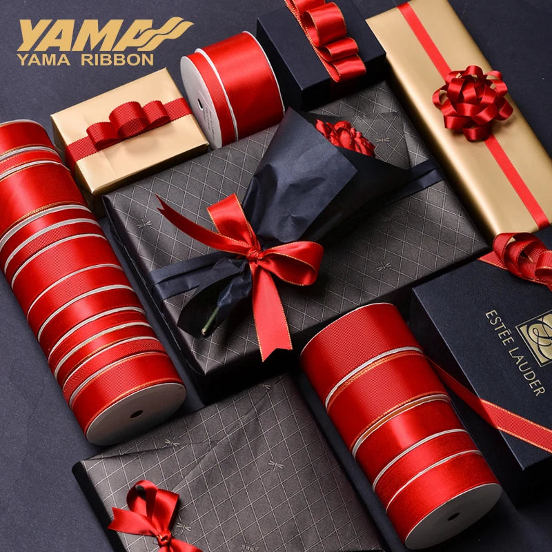 YAMA Red Ribbon 100yards/roll 25mm Satin Grosgrain Ribbon for Christmas Decoration Wedding Party Gift DIY