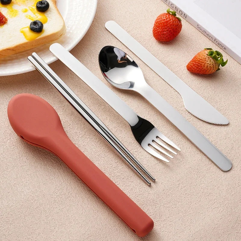 Portable Stainless Steel Cutlery Set, Suitable for Work, School, Picnic, Camping, Travel, Reusable Silicone Portable Cutlery Set