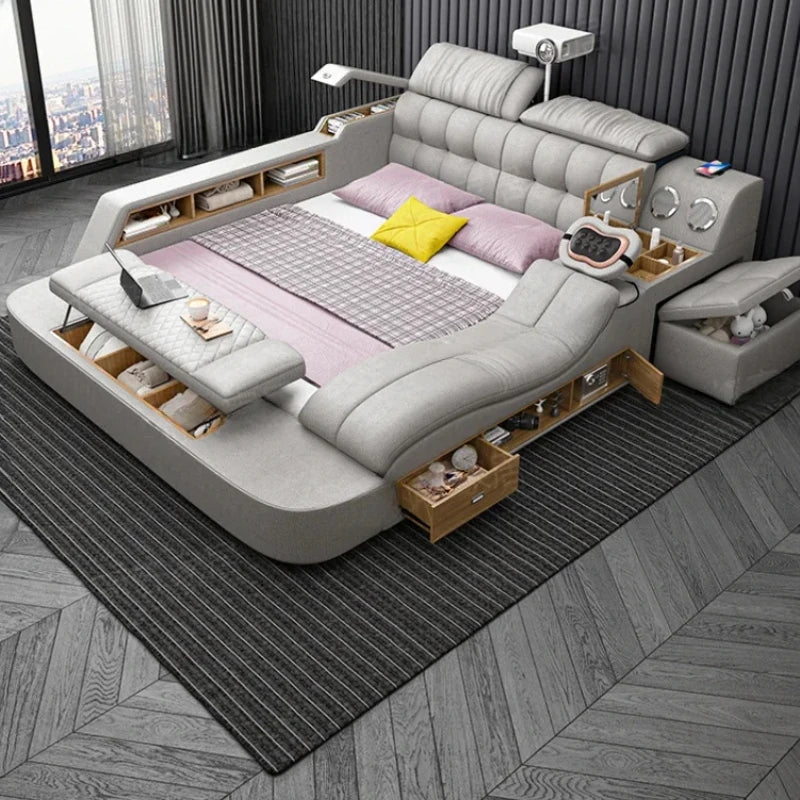 Nordic Smart Aesthetic Double Bed Designer Storage Luxury Frames Double Bed Multifunctional Leather Camas Matrimonial Furniture