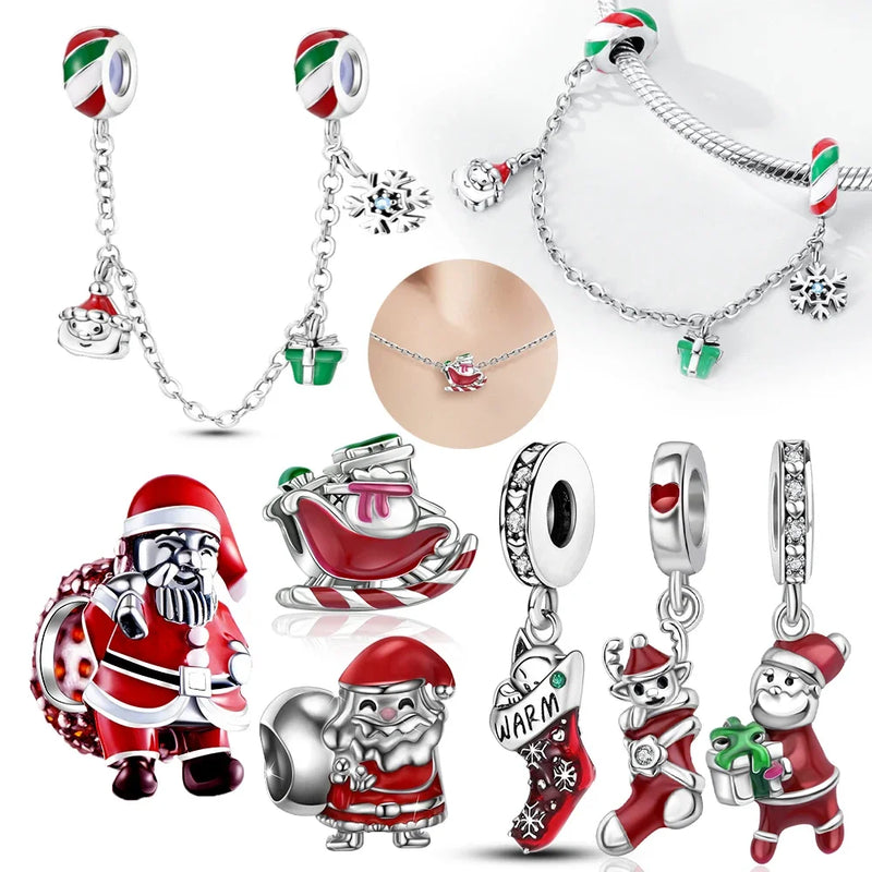 Sterling Silver 925 Christmas Theme Series Santa Claus Charm Carrying Gifts for Women Diy Bracelet Necklace Jewelry Making Gift