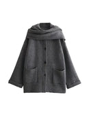 Women's Knitted Cardigan with Scarf Slim Casual Jacket Long Sleeve Patchwork Pocket Jacket Elegant Office Women's Sweater