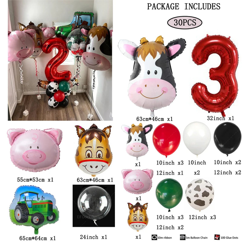 30pcs Farm Theme Green Tractor Cow Pig Inflatable Balloons 32inch Red 1-9 Number Balloon Happy Birthday Party Decor Baby Shower