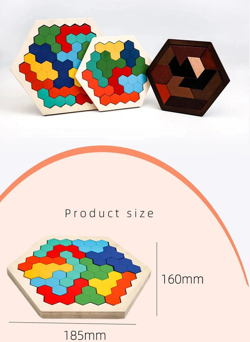 Hexagonal Wooden Puzzles Educational Toys For Children Kids Preschool Tangram Board Brain IQ Test Game Montessori Toys Gifts