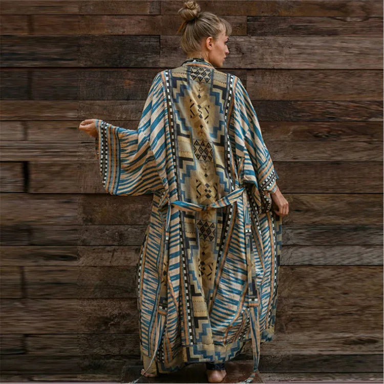 TEELYNN Boho Beach Robe Cotton Orange Ethnic Floral Print Kimono Vestidos Women Long Sleeve Tunic Top Blouses Cover Up Boho