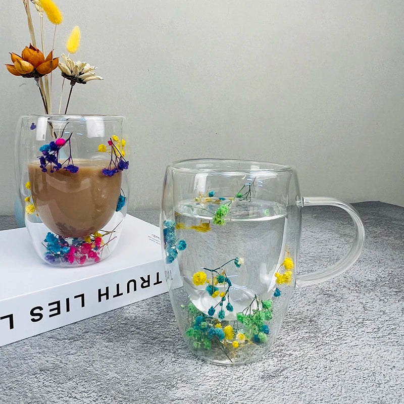 350ml Double Wall Coffee Mug Real Dried Flower Christmas Gifts