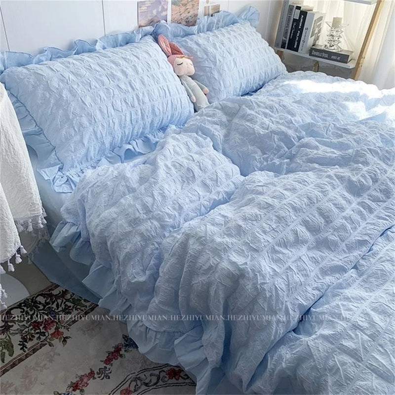 Quilt Cover INS Girl Blue Solid Color Seersucker Ruffles Lace Bedding Set Kawaii  Soft Sheet Woman Duvet Cover Pillow Covers