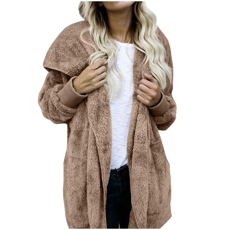 New Women Winter Warm Coat Jacket Elegant Casual Daily Outwear Ladies Commuting Cardigan Coat Double Sided Velvet Hooded Coat