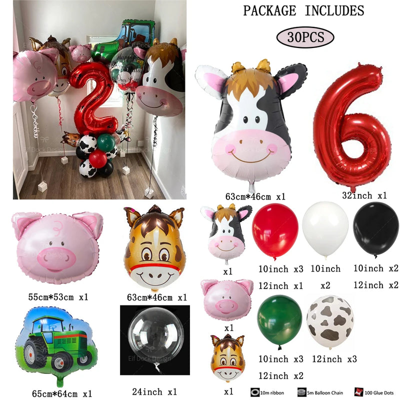 30pcs Farm Theme Green Tractor Cow Pig Inflatable Balloons 32inch Red 1-9 Number Balloon Happy Birthday Party Decor Baby Shower