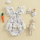Toddler Girls Floral Bunny Print Lace Trim Flutter Sleeve Romper with Bow Headband Easter Outfit Set 2 Pieces