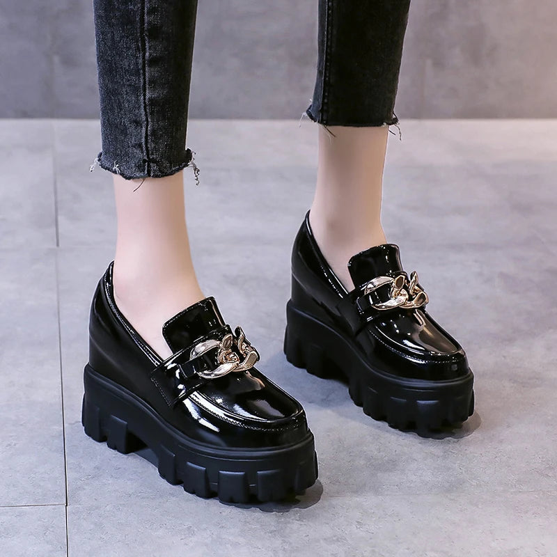 Women Patent Leather Chunky Sneakers Loafers Breathable Chain High Heels Platform Casual Shoes Flats Woman Vulcanize