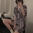 2 Pieces Print Sleepwear Faux Silk Satin Nightwear Pyjamas Fashion Casual Pajama Women Shorts Pajamas Set Ink Painting Outfits