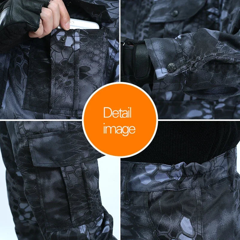 Men's Spring Summer Military Uniform Outdoor Camouflage Suit Black Python Pattern Wear-resistant Overalls Labor Insurance Cloth