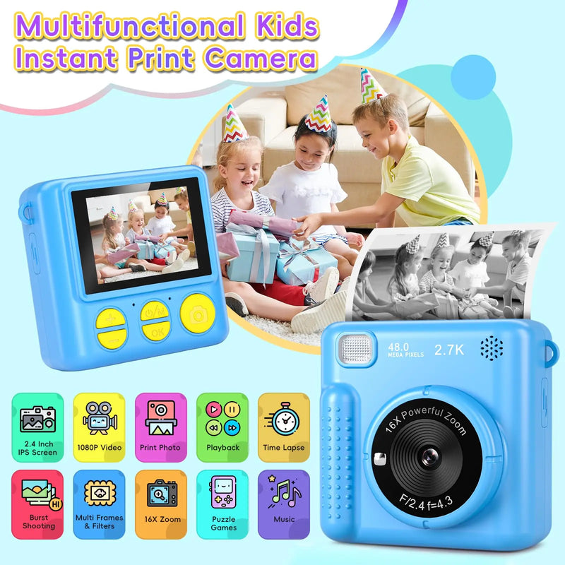 ortable travel toys, children's cameras, instant printing FHD selfies, digital cameras for children aged 3-12, Christmas and bir