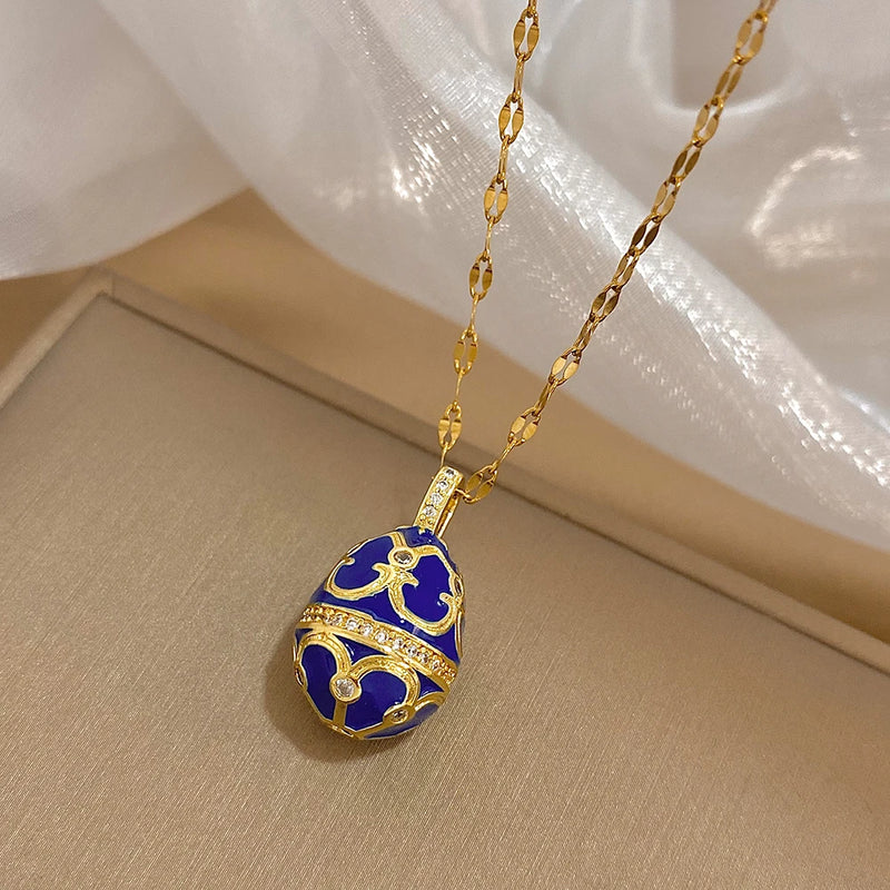 Greatera Colorful Enamel Easter Egg Pendant Necklaces for Women Guilloche Locket Egg Gold Plated Chain Necklaces Party Jewelry