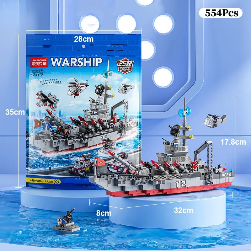 1000+PCS Military Series Warship Fighter Robot Building Blocks Boat Airplane Car Set Toys For Children Gifts