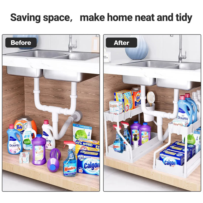 Kitchen Storage Under Sink Organizer 2 Layer Pull Out Multifunctional Drawer Shelf Organizer Bathroom Desktop Cabinet Rack