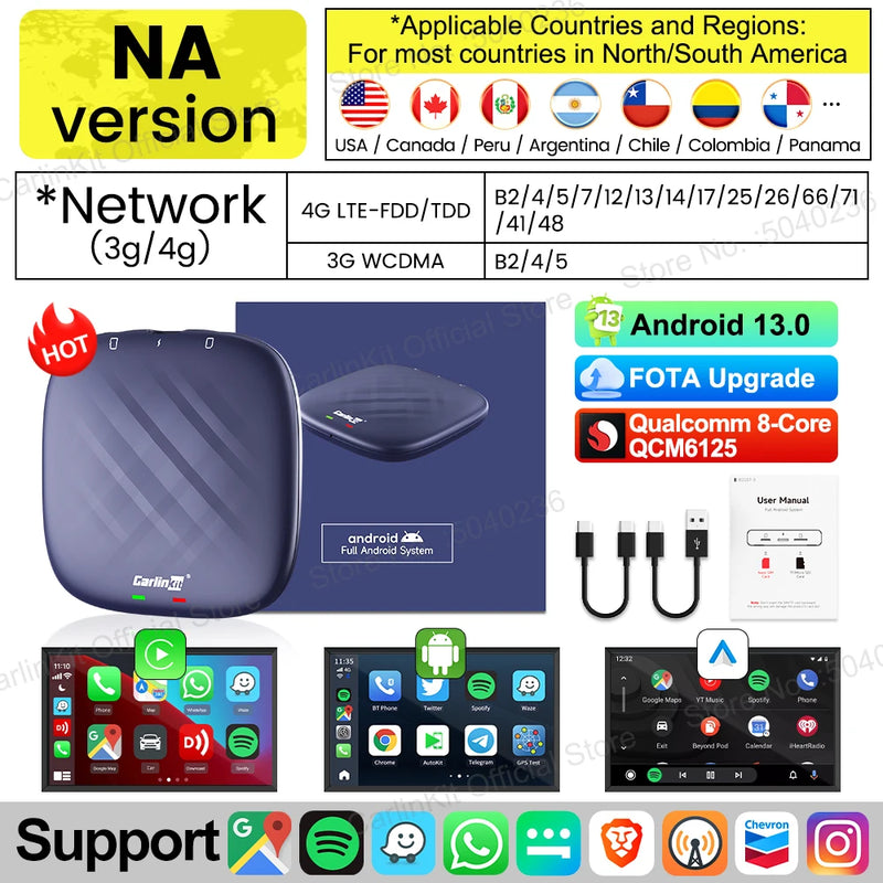 2025 CarlinKit CarPlay AI Box Android 13.0 QCM6225 8-Core Android Auto Wireless CarPlay Adapter 2.4+5GGPS 64G 128G FOTA Upgrade