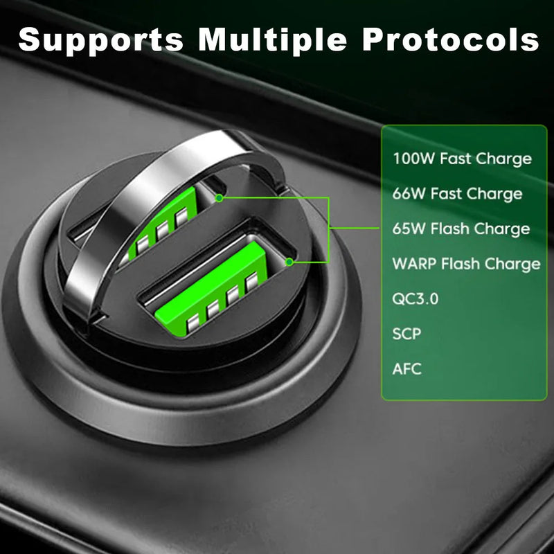 200W Dual Ports Mini USB Car Charger Super Fast Charging Cigarette Socket Lighter 12-24V Aluminum Alloy Phone Charge Adapter