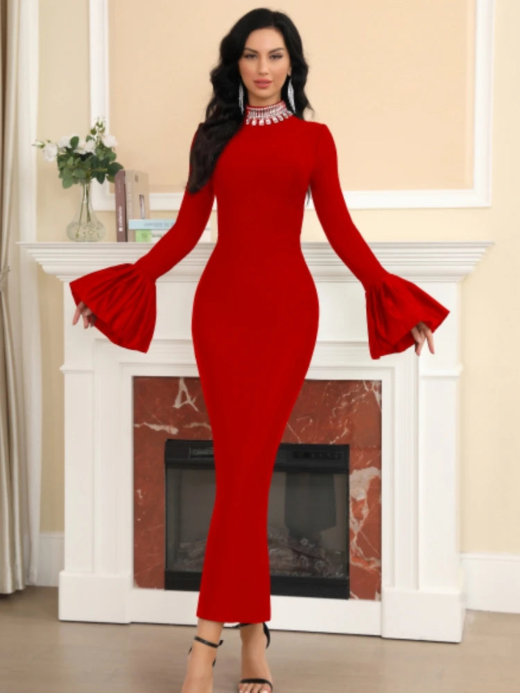 Women Celebrity Sexy Long Sleeve Puff Beading Rhinestone Maxi Long Bandage Dress 2024 Knitted Elegant Evening Club Party Dress