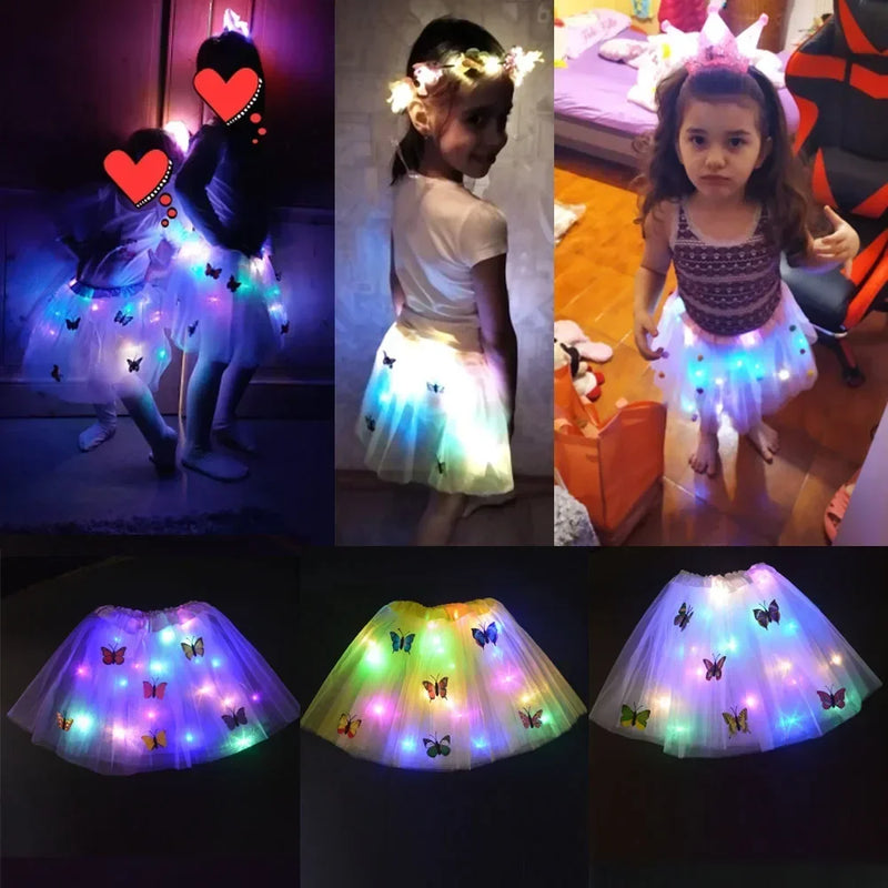 Princess Girl Butterfly Light Fairy Tutu LED Skirt Glow Flower Headband Birthday Gift Fancy Party Christmas Halloween Festival