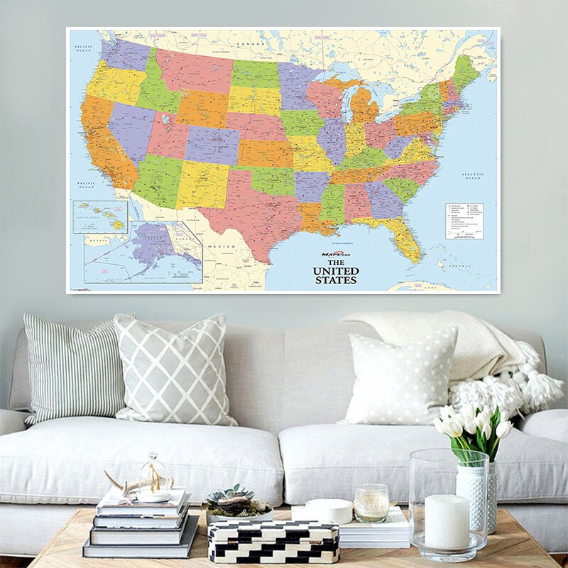 150*100cm Map of The United States with Details Non-woven Canvas Painting Wall Art Poster School Supplies Home Decoration