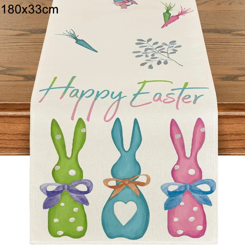 2024 Easter Rabbit Table Runner Linen Bunny Dining Table Cloth Placemat Spring Holiday Happy Easter Decoration For Home Kitchen