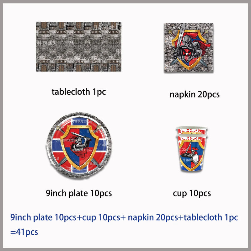 Middle Ages Armored Knight Theme Children's Birthday Party Decoration Supplies Disposable Backdrop Plate Banner Baby Shower Gift