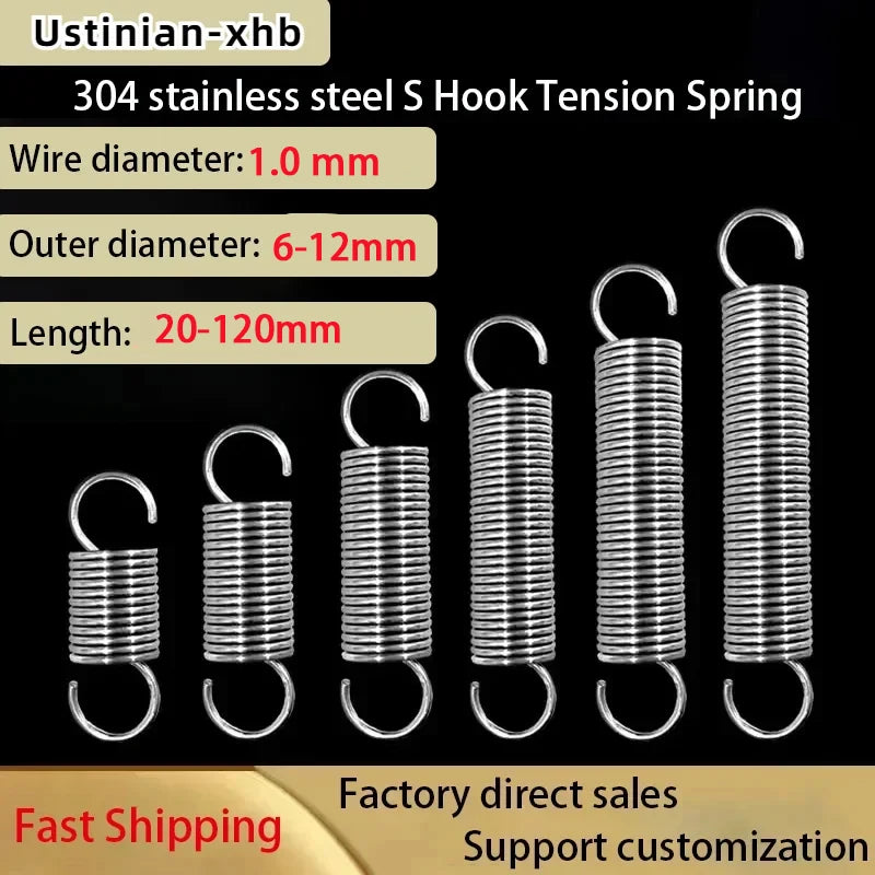 5/2Pcs Wire Diameter: 1.0mm, 304 Stainless Steel S-hook Spiral Coil Tension Spring, Outer Diameter: 6-12mm, Length: 20-120mm