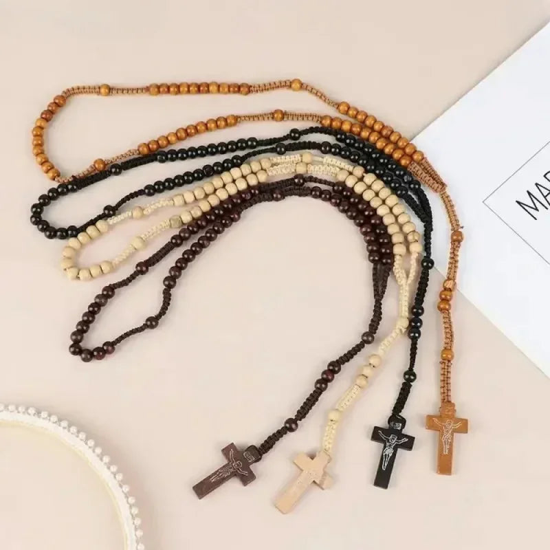 Hand Woven Jesus Christ 9mm Wooden Beads Cross Pendant Rosary Beads Necklace For Religious Orthodox Prayer Jewelry Wholesale