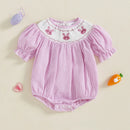 Toddler Girls Easter Outfit Bunny Embroidered Striped Short Sleeve Romper Jumpsuit Summer Clothing for Baby Girls